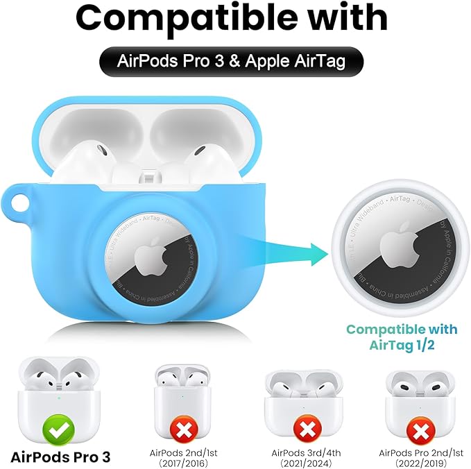 2 in 1 Silicone Case Compatible with AirPods Pro 3 and AirTag 2/1, Shockproof Protective Case Cover for AirPods Pro 3rd Generation 2025 with Cleaner Kit & Carabiner (Glow Blue)