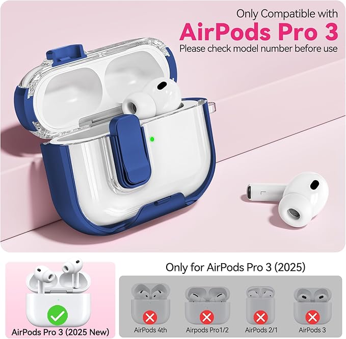 for Airpods Pro 3 Case 2025, Anti-Yellowing Clear Case for Airpods Pro 3 with Secure Lock & Phone Stand, Soft TPU Drop Protection Cover with Cleaning Kit (Navy Blue)