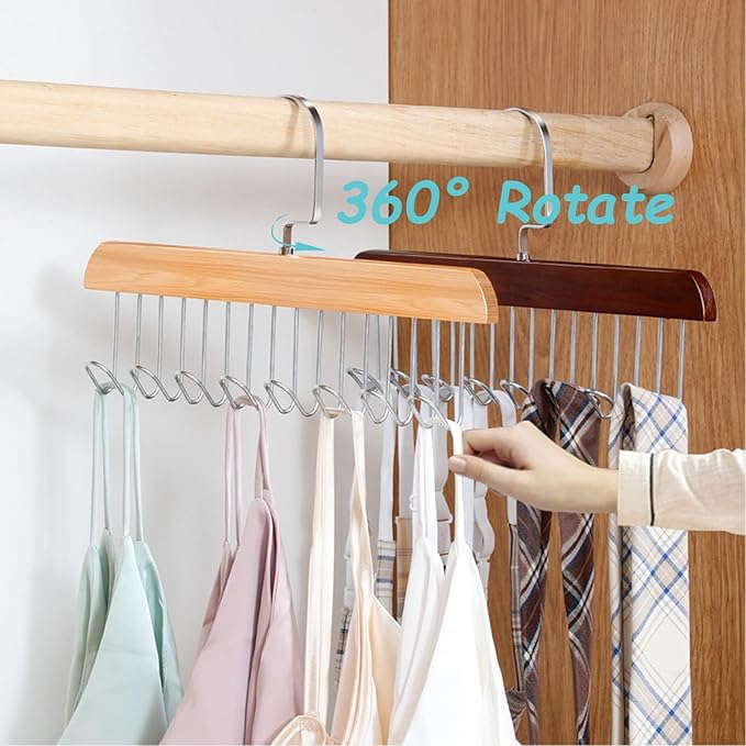 4 Pack Anti Slip Multi Hook Coat Racks,Tie Rack,Bra Hangers for Closet Organizer with 8 Hooks 360 °Swivel Wooden Hanger for Closet for Tie,Tank Top,Bra, Scarf,Hat