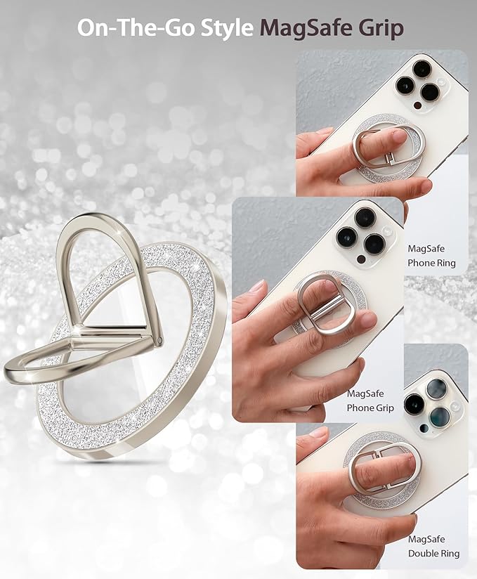 Magnetic Phone Grip for Magsafe Phone Ring Holder Finger Kickstand, Twinkle Transparent Magnetic Double Ring Holder for iPhone 16 15 14 13 12 Pro Max Plus (Titanium)