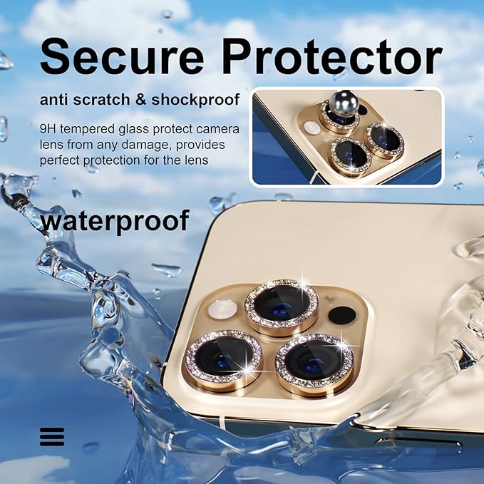 Misea [3+1] for iPhone 14 Pro/iPhone 14 Pro Max Camera Lens Protector Bling, 9H Tempered Glass Camera Cover Screen Protector Metal Individual Ring Protector Decoration Accessories, Gold Glitter