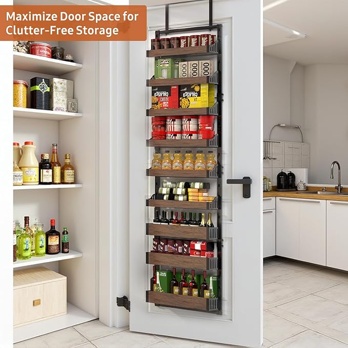 Over the Door Pantry Organizer: Pantry Organization and Storage with Hanging Basket - 9-Tier Metal Spice Rack Adjustable Shelves for Kitchen Bedroom Bathroom & Laundry Room Black