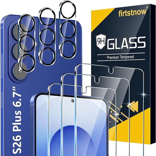 3 Pack for Samsung Galaxy S26 Plus Screen Protector Tempered Glass + 3 Pack Camera Lens Protector, Military Grade Shatterproof, 9H Hardness, Fingerprint Unlock, Case Friendly 6.7 Inch