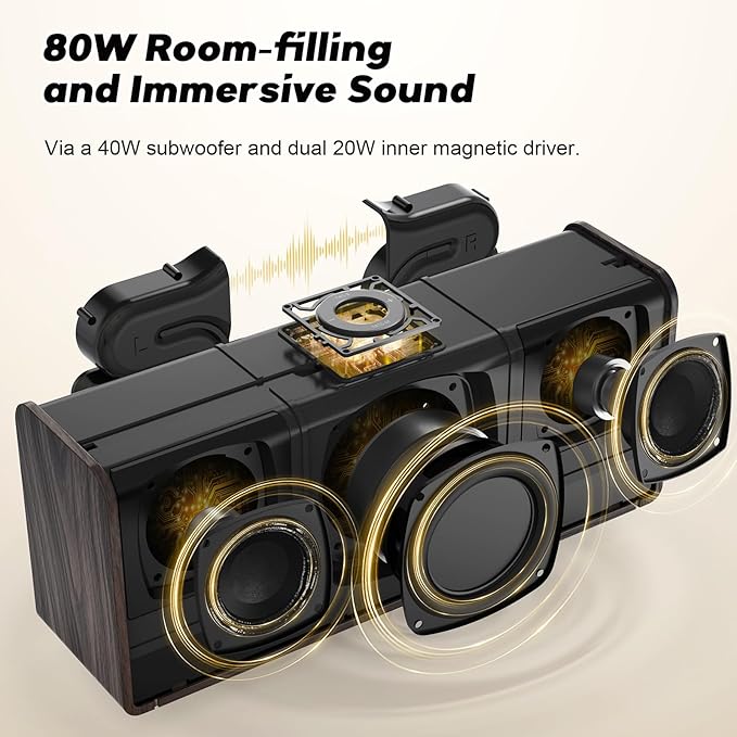 DOSS SoundBox Ultra Bluetooth Speaker with 2.1 Channel Audio, 80W Superior Sound with Deep Bass, Two DSP Technologies, 18H Playtime, BT 5.3, Wireless for Home, Office, Livingroom-Gold