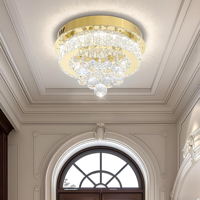 Dia 12" Mini Chandelier Flush Mount Chandelier for Hallway, Crystal Ceiling Chandeliers for Dining Room, Bedroom, Living Room, Entryway, Kitchen (Gold Ceiling Light Fixture)