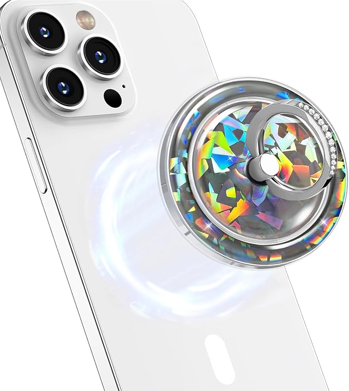 Transparent Magnetic Phone Grip Compatible with MagSafe Phone Ring Holder,360°Adjustable & Removable Silver Golden Diamond Laser Design Magnet Stand for Phones and Tablets