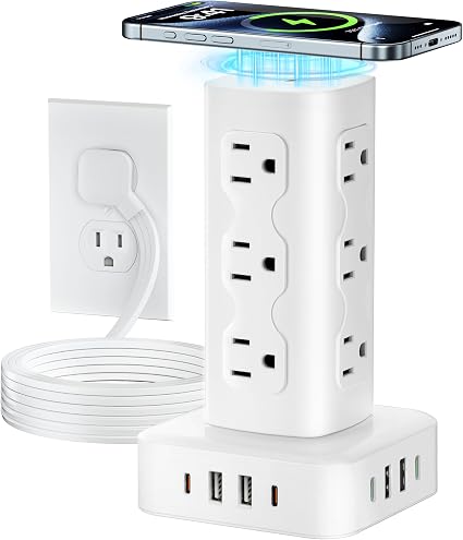 Power Strip Tower Surge Protector(2000J), PD65W Charging Station Tower with 12 AC Outlets & 8 USB Ports (4 USB C), 6FT Extension Cord for Home Office Dorm, White