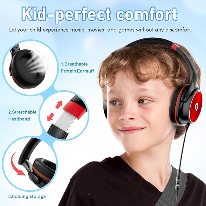 Kids Headphones with Safe 85dB/94dB Volume Limiter for Teen and Boys, Foldable HD Stereo Sound Headset for Kindle Kids/fire Tablet/iPad/Laptop, Headphones with Microphone (Black-red)