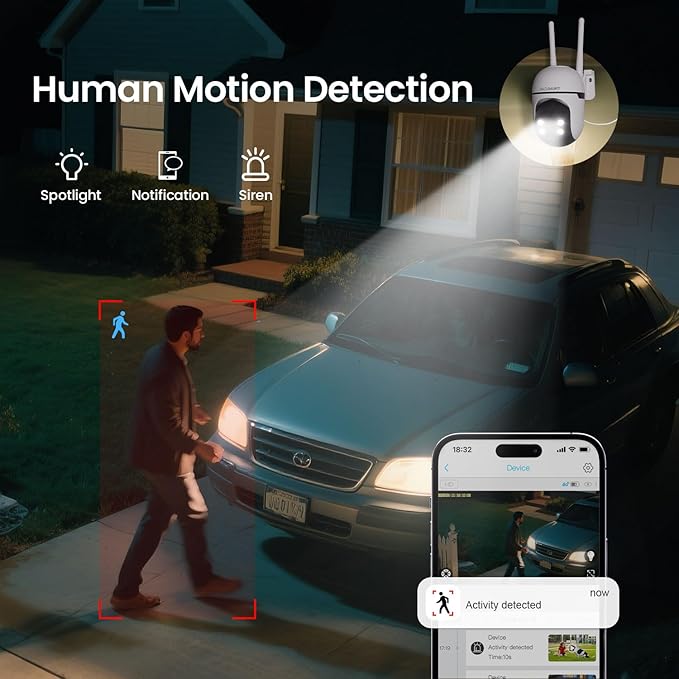 WiFi Security Cameras Wireless Outdoor, Plug- in Wired Security Camera Outdoor, 24/7 Recording, PTZ, 2.4Ghz WiFi Only, 2K HD Color Night Vision, Human Detction, No Monthly Fee, 2-Way Talk, 4 Packs