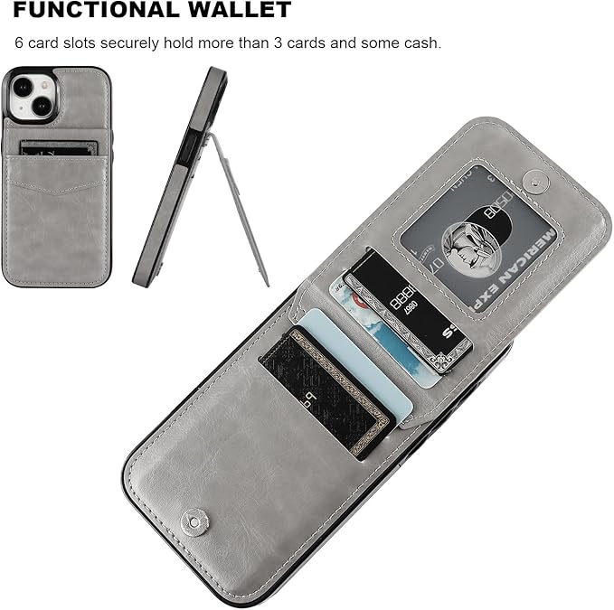 KIHUWEY Compatible with iPhone 15 Case Wallet with Credit Card Holder, Flip Premium Leather Magnetic Clasp Kickstand Heavy Duty Protective Cover for iPhone 15 6.1 Inch (Gray)
