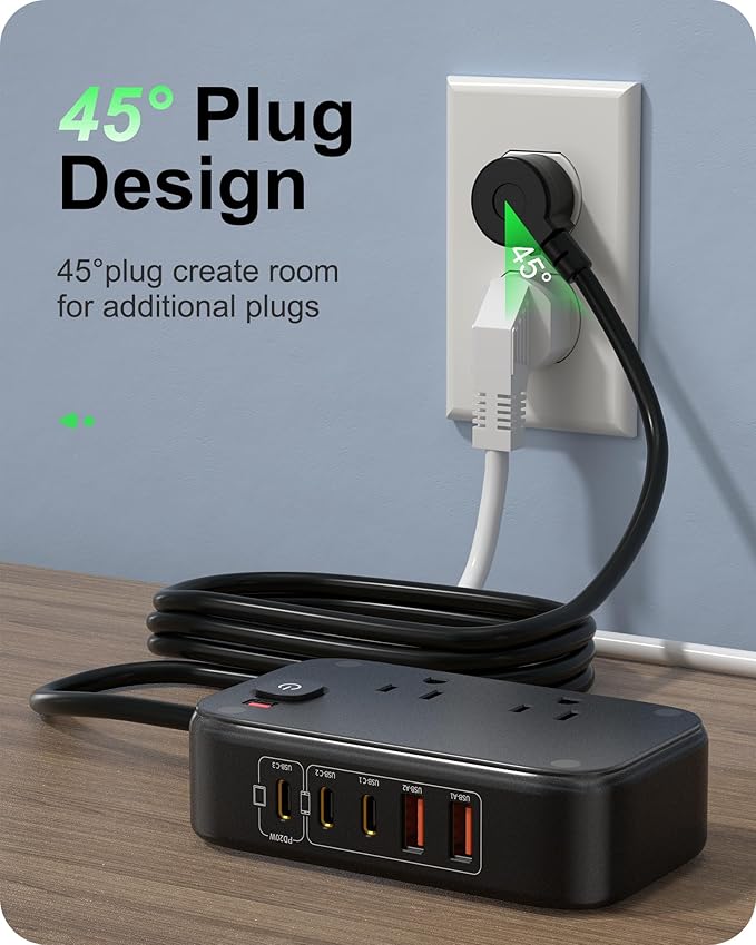 5FT Travel Power Strip with USB Ports, 7-IN-1 Flat Extension Cord USB C Power Strip with 2500W AC Outlets, 3 USB-C Ports, 2 USB-A Ports Outlet Extender for Home/Office/Travel Essentials