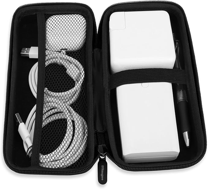 iMangoo Travel Essential Electronics Organizer Charger Case, Shockproof Dual Zipper Power Bank Cables Tech Accessories Pouch Purse, Men & Women Travel Must Have Storage Bag, 8.5x4.5x2 inch Fiber Black