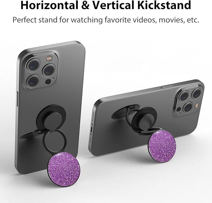 Phone Grip, Phone Ring Holder Finger Kickstand, 360°Rotation & Adjustable Metal Cell Phone Rings Gripper Stand Work with Magnetic Car Mount for iPhone Samsung & Other Phones - Sparkle Purple