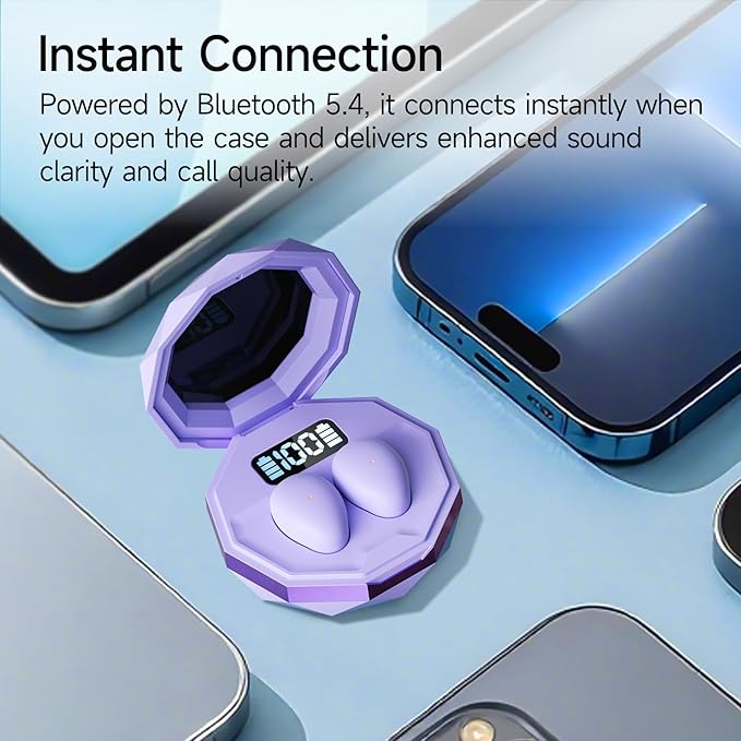 sunvito Sleep Earbuds for Side Sleepers, Mini Invisible Wireless Bluetooth 6.0 Micro Sleep Headphones, Hidden Earbuds with LED Screen for Small Ears Sleeping, Working, Exercise, Hiking(Purple)
