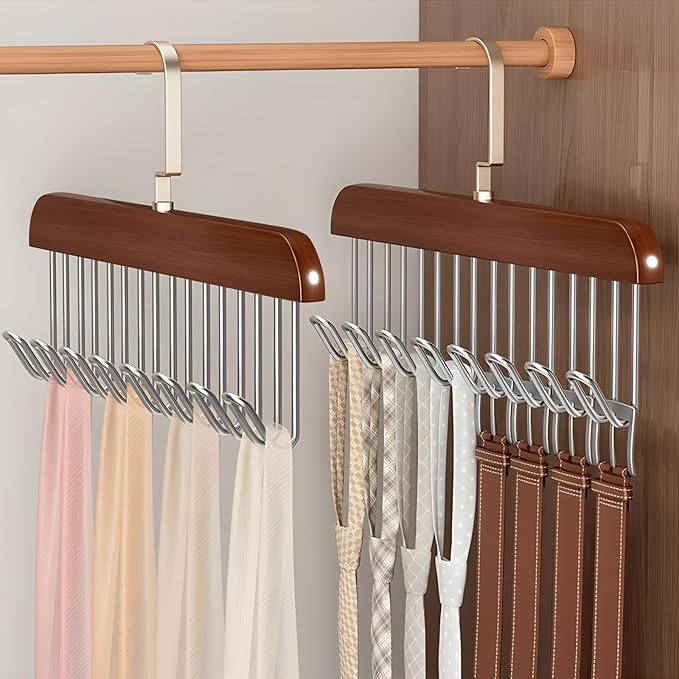 2 Pack Belt Hanger,Wooden Belt Organizer for Closet, 360° Rotating Tie & Belt Rack for Storage with 16 Hooks, Sturdy Belt Holder Space Saver for Belt, Tie, Bra, Scarf, Tank Top Accessories