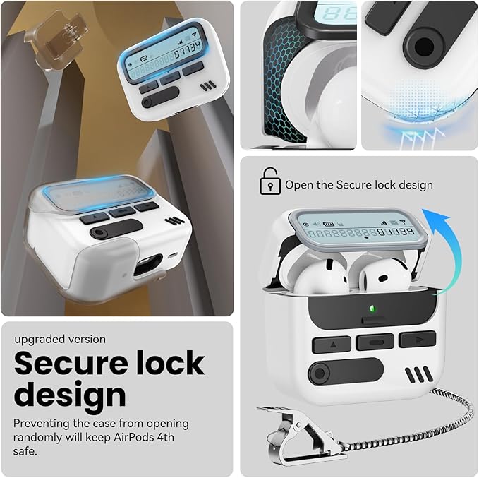 (with Safety Lock) Pager Cases for AirPods 4 Case Cover 2024 with Cleaner Kit,Sturdy Hard PC Protective for Apple AirPods 4th Generation Case for Men Women,AirPods 4 Accessories with Keychain-White