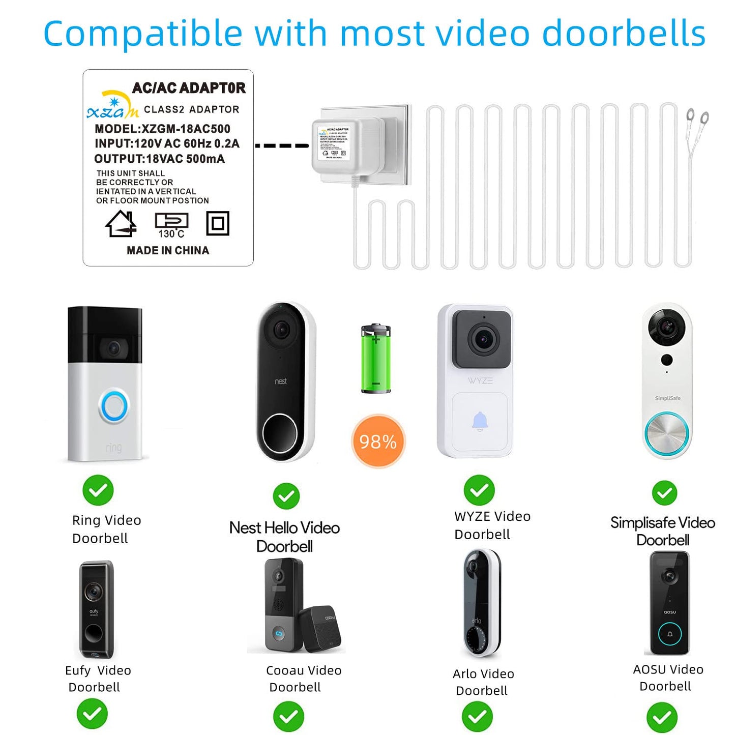Video doorbell Special Power Transformer, 18V500MA Ring doorbell Power Adapter, Compatible with Ring, Nest, Eufy, Wyze, Arlo Wireless Video doorbell (with 315in Cable White)