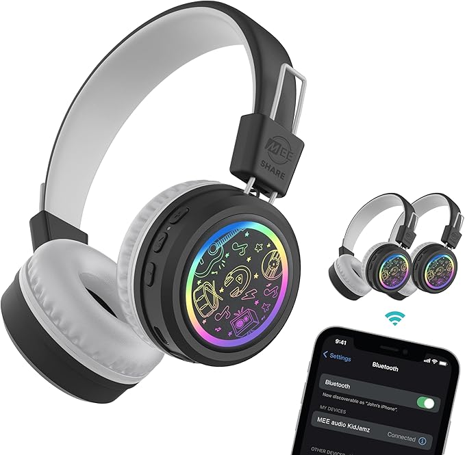 MEE audio KidJamz Share Bluetooth Headphones for Kids with LED Lights, 85dB Volume Limiter, Microphone, 40h Battery; Childrens Headset for School/iPhone/iPad/Tablet (Model: KJ55BT-S, 1-Pack)