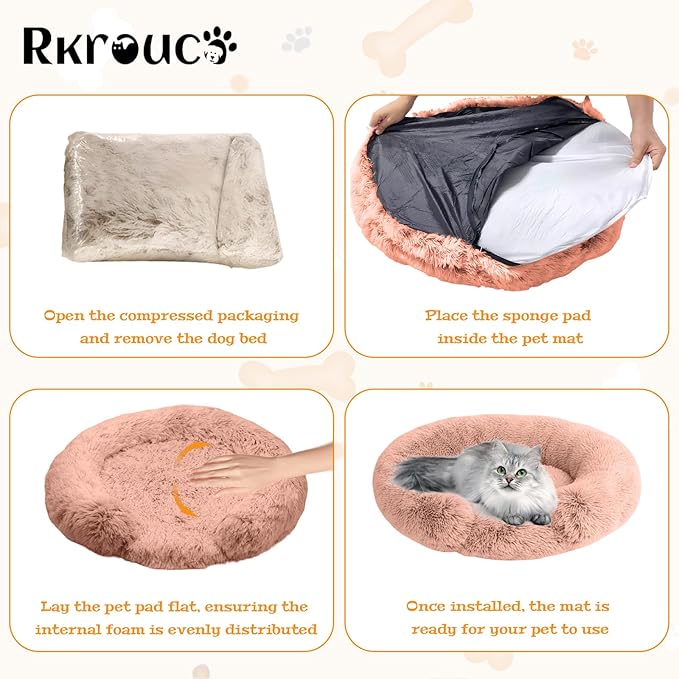 Fluffy Dog Bed Calming Donut Beds for Large Dogs Warming Round Small Medium Pet Nest Cozy Cat Mattress Indoor Washable Puppy Kennel Kittens Sleep Mat (S, 23.6×23.6 inch, Fresh Pink)