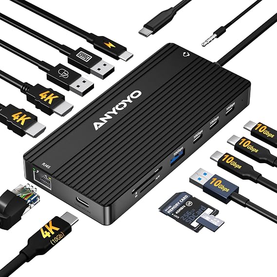 ANYOYO USB C Docking Station, 14 in 1 USB Hub for 3 Monitors, Dual 4K@60Hz HDMI & USB-C Video, 4xUSB-C(10Gbps),3X USB-A, Ethernet, SD/TF& 3.5mm Audio – Multiport Adapter for Lenovo/Dell/HP (Black) - Image 7