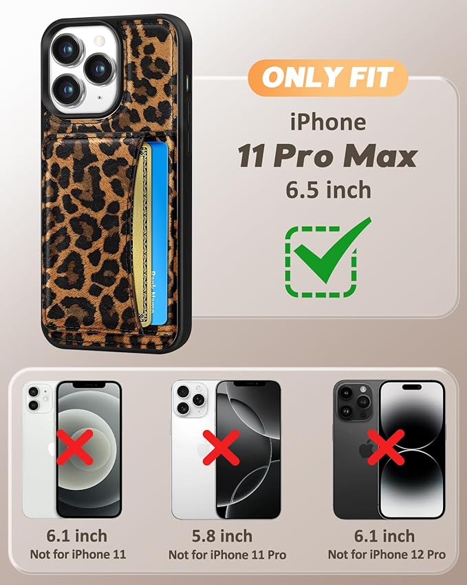for iPhone 11 Pro Max Case with Wallet - Fits 4 Card Slots, Compatible with MagSafe for Women Aesthetic Durable PU Leather Credit Card Holder Kickstand Phone Cover for Apple 11 Promax, Leopard