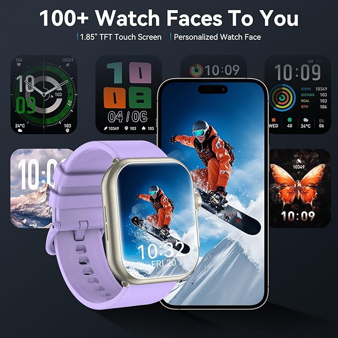 Smart Watch for Men Women, 1.85" HD Fitness Tracker (Answer/Make Call), 1000 mAh Battery, 120+ Sport Modes, 24/7 Heart Rate/Sleep Monitor Fitness Watch, IP68 Waterproof, Smartwatch (Purple)