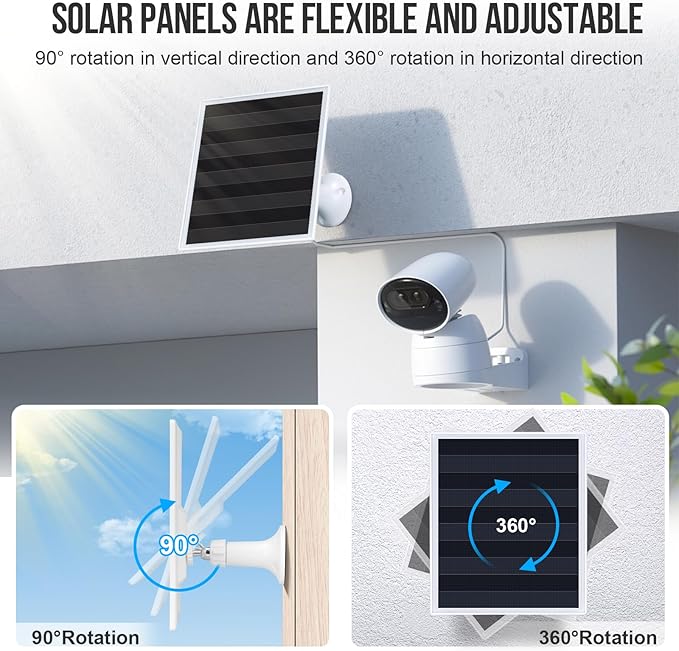 6W Solar Panel Charger, Solar Panel with Micro USB & USB-C Port for DC 5V Outdoor Rechargeable Battery Camera, IP66 Waterproof, 360° Adjustable Security Mount, 2PC