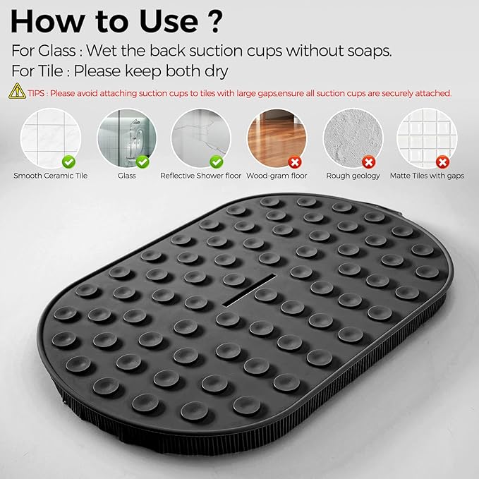 Shower Foot Scrubber - XXL Large Silicone Bath Mat for Exfoliating & Massaging Feet in Shower, Non-Slip Suction Cups, Dead Skin Remover, Callus Cleaner for Men & Women, 20.9"x13.8" Black