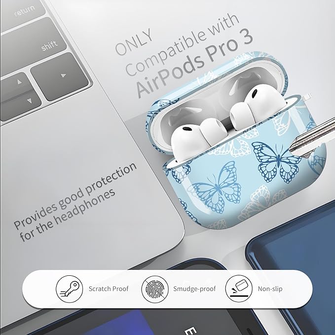 AirPod Pro 3 (2025) Case Cover for Women, Cute Shockproof TPU Protective Case with Gold Round Buckle, Anti-Drop Design Cute Blue Butterflies