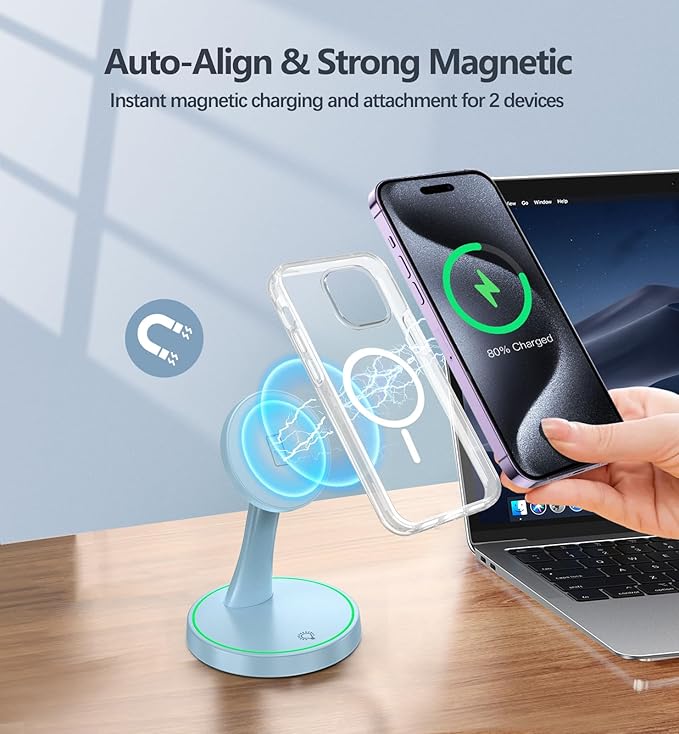 Magnetic Wireless Charger Stand 15W Fast Mag-Safe Charger for iPhone 17 /17 pro/ 17 Air/ 17 pro max 16/15/14/13/12 Series Magnet Wireless Charging Station/Pad with Sleep-Friendly Light for AirPods