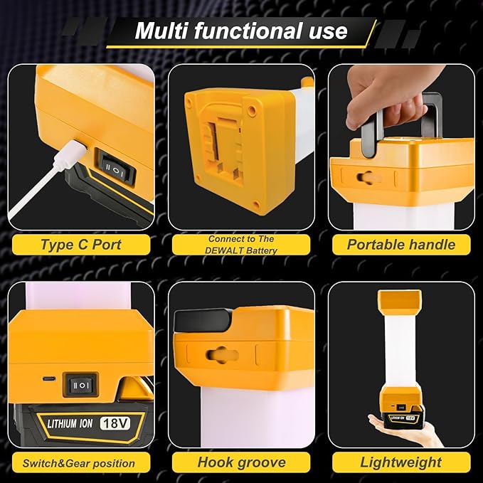 LED Work Light for DEWALT 20V Battery, 2900LM Outdoor LED Camping Lantern 360°, 2 Modes Portable Inspection Light for Car Repair,Workshop, Hide Hand and Type-C Charging Port