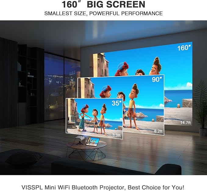 Mini Projector with WiFi and Bluetooth, VISSPL Full HD 1080P Projector, Portable Outdoor Projector with Tripod, Home Theater Movie Phone Projector Compatible with Android/iOS/Windows/TV Stick/HDMI/USB