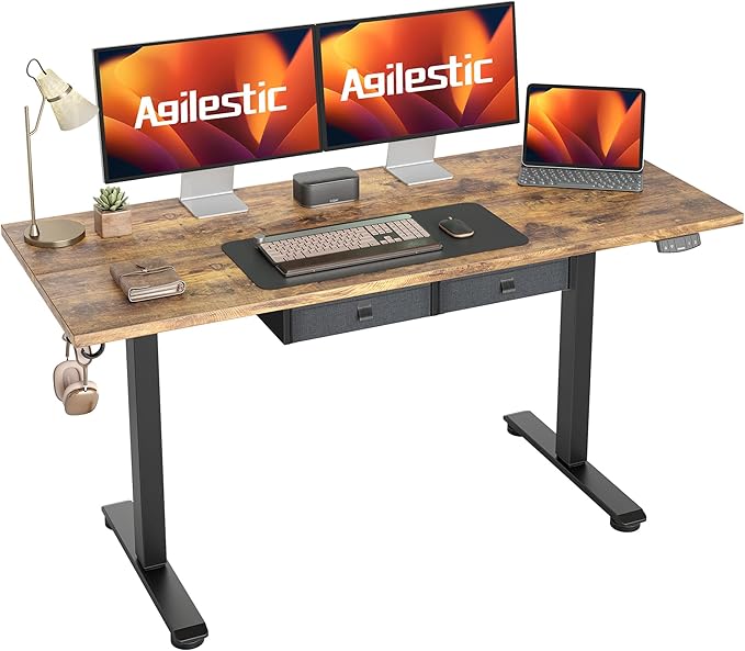 Agilestic Standing Desk with 2 Drawers, Adjustable Height Electric Desk with Storage, 63 x 24 Inches Sit Stand Up Computer Table for Work Office Home, Rustic Brown