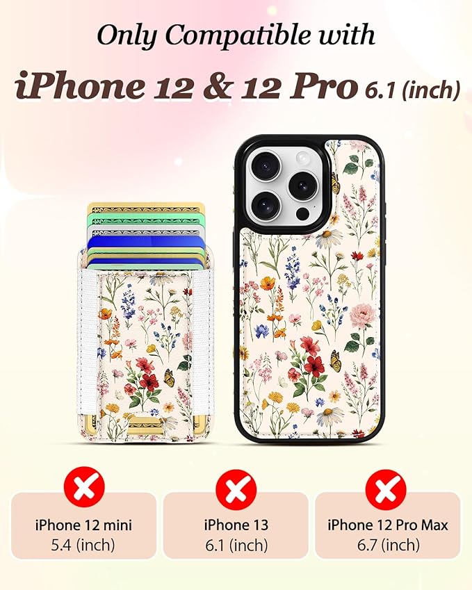 Shorogyt for iPhone 12/12 Pro Wallet Case - Fits 5 Cards, Compatible with Magsafe Detachable Magnetic Credit Card Holder Leather Cardholder Cute Phone Cover Women Girls for Apple 12/12Pro, Floral