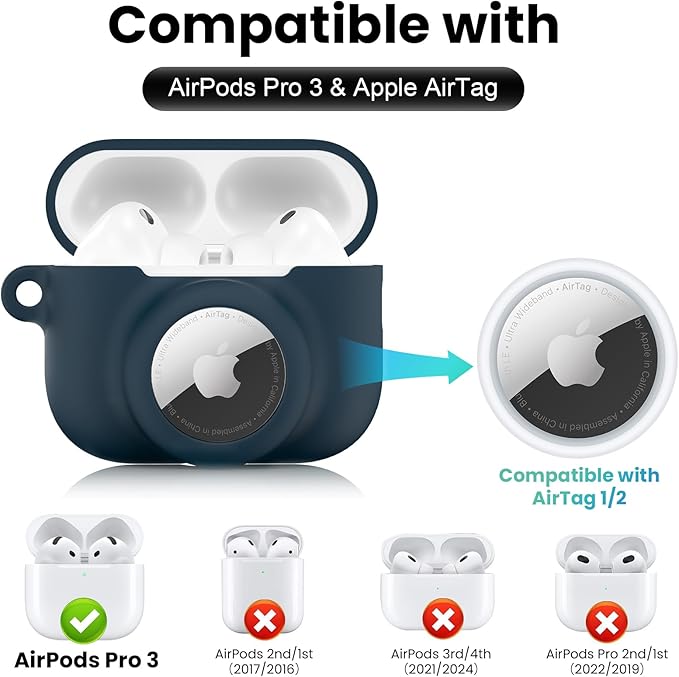 2 in 1 Silicone Case Compatible with AirPods Pro 3 and AirTag 2/1, Shockproof Protective Case Cover for AirPods Pro 3rd Generation 2025 with Cleaner Kit & Carabiner (Dark Blue)