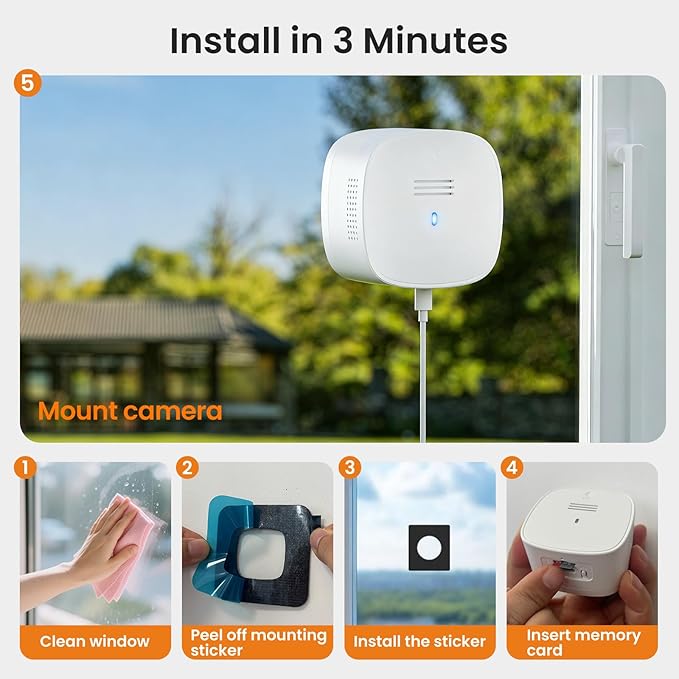 3MP 2k Window Camera, SpectraVivid AI Color Night Vision Window Cameras for Home Security, 2.4G&5G WiFi, Person & Motion Detection Siren, Two-Way Audio, 24/7 Recording, Easy Quick Install Indoor Glass