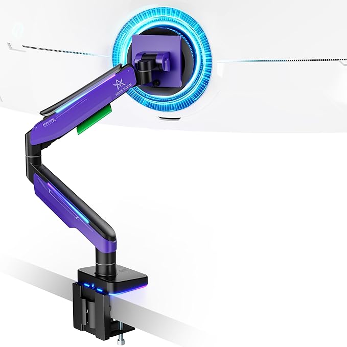 Ares Wing RGB Heavy Duty Monitor Arm for 17 to 49 Inch, up to 44 lbs, Ultrawide Curved Monitor Mount with Gas Spring for Desk, Purple, for Gaming
