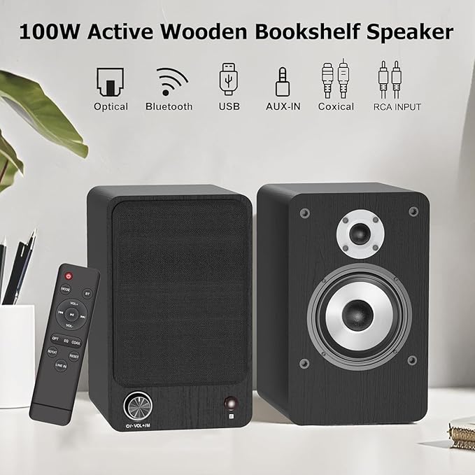 LONPOO 100W Hi-Fi Powered Bookshelf Speakers - Bluetooth 5.3 Active Monitors with 1" Silk Tweeter & 4" Aluminum Woofer, DSP Audio Optimization for TV, Record Player & Home Theater