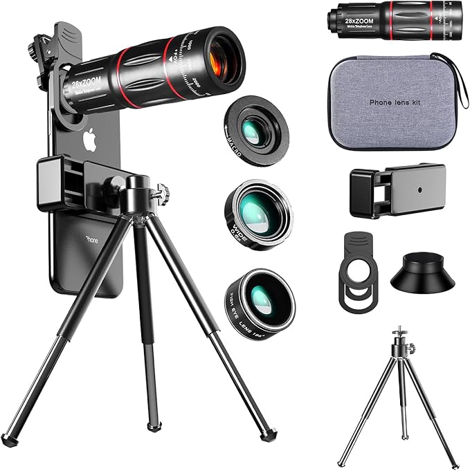 Cell Phone Camera Lens Kit Upgraded Version Telephoto 28X with Wide Angle 0.6X, Macro 20x, Fisheye 198°, Phone Lens Attachment Suitable for Most Smartphones (Black)