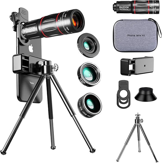 Cell Phone Camera Lens Kit Upgraded Version Telephoto 28X with Wide Angle 0.6X, Macro 20x, Fisheye 198°, Phone Lens Attachment Suitable for Most Smartphones (Black)
