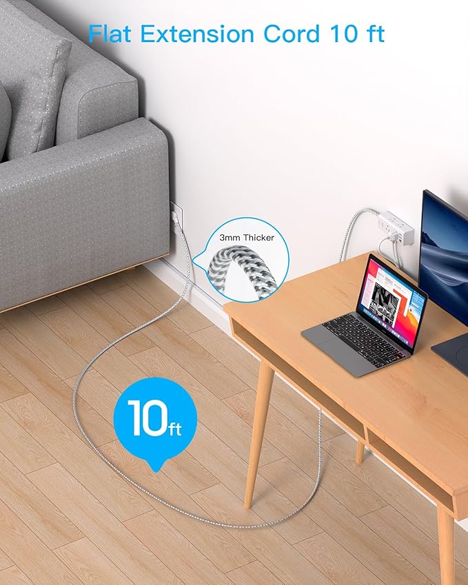 10 Ft Power Strip Surge Protector - One Beat 6 Widely Outlets with 4 USB Ports(2 USB C), 3 Sided Outlet Extender, Flat Plug Extension Cord, Wall Mount Power Strip for Home Office Travel College Dorm