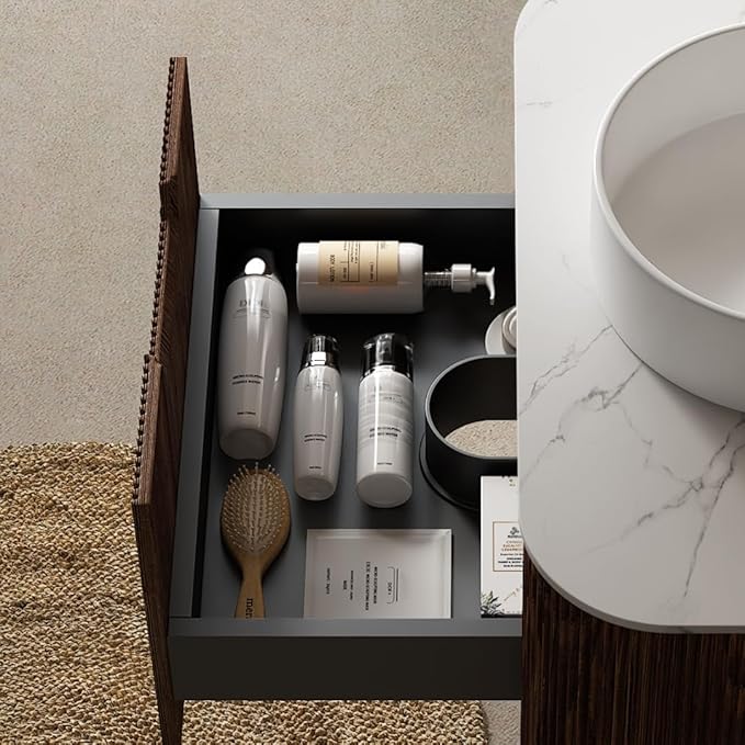 KEIKI 30" Bathroom Vanity Cabinet with Sink Combo, Wall Mounted Curved Edges Striped Floating Bathroom Vanity with Soft-Close Drawer, White Round Ceramic Basin Without Faucet, Dark Walnut