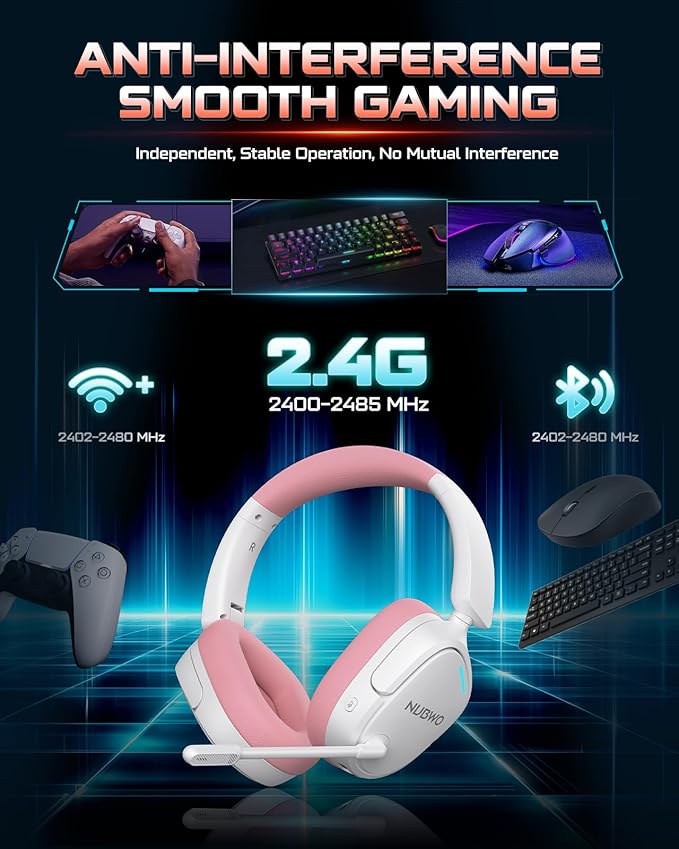 NUBWO Wireless Gaming Headset for PS5, PC, PS4 - Dual 2.4G & Bluetooth Simultaneous Gaming Headphones, EQ Sound Modes, Noise-Canceling Mic, 80-Hour Battery, Comfortable Foldable & Travel Design