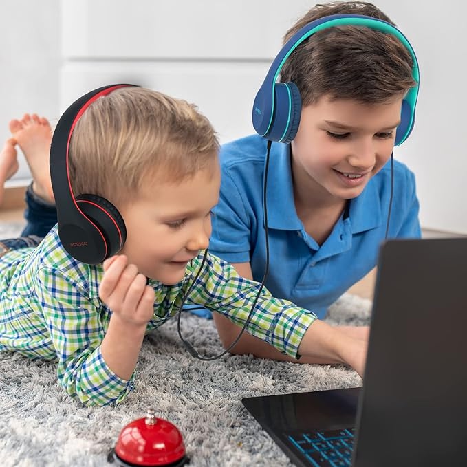 RORSOU K5 Kids Headphones with Microphone for shchool, Volume Limiter 85/94dB, Foldable Stereo Tangle-Free 3.5mm Jack Wired Cord On-Ear Headphones for Children/Boys/Girls/Kindle/Tablet/MP3/4 (Blue)