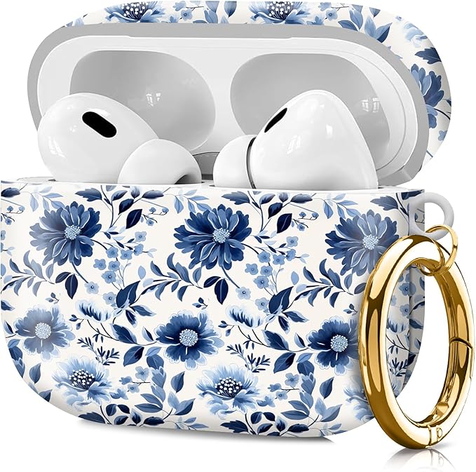 Compatible with Airpod pro 2nd/1st Generation Case Cover with Gold Round Keychain Cute Pattern Hard & Anti Slip Cover for Men Women & Girls（Blue and White）