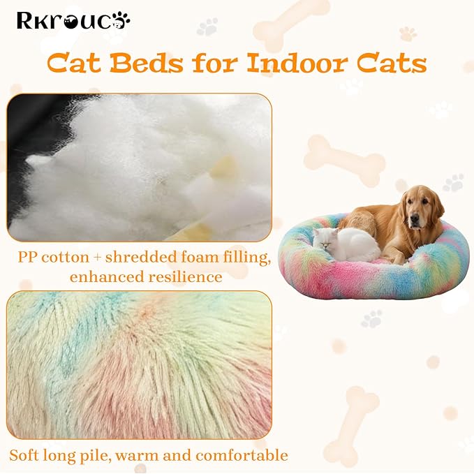 Fluffy Dog Bed Calming Donut Beds for Large Dogs Warming Round Small Medium Pet Nest Cozy Cat Mattress Indoor Washable Puppy Kennel Kittens Sleep Mat (M, 27.5×27.5 inch, Rainbow)