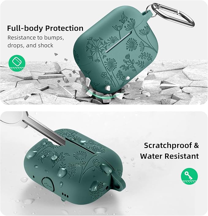 Lerobo for AirPods Pro 2 Case Cover, Flower Engraved Case Compatible with Apple Airpod Pro Case 2nd / 1st Generation, Cute Soft Silicone Protection Cover for Wowen with Keychain Accessories,PineGreen