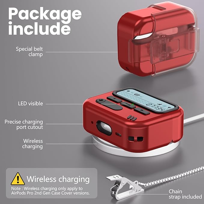 (with Safety Lock) Pager Cases Compatible with AirPods Pro 2nd Generation Case Cover with Cleaner Kit,Hard TPU Full Protection for AirPods Pro 2 Charging Case(USB-C)(2023/2022/2019) for Men-Red