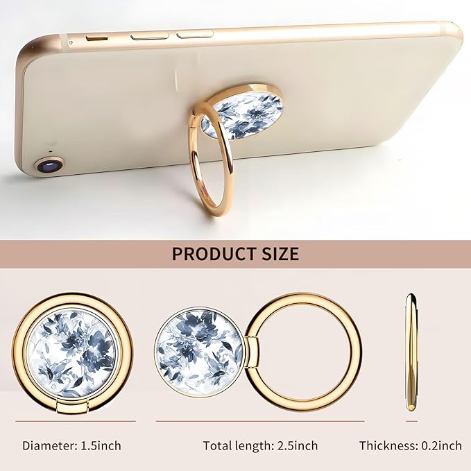 Cell Phone Ring Holder, Cute Metal Phone Grip Stand Finger Ring Kickstand, Flexible 360°Rotation Phone Tablet Case Accessories Compatible with Most Phones Luxury Blue Flowers