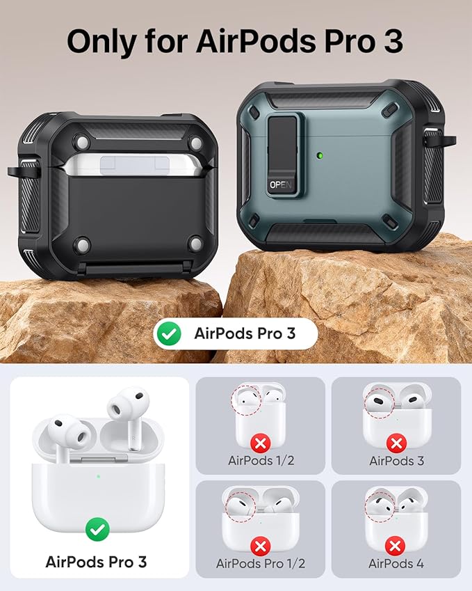 MoKo for AirPods Pro 3 Case with Lock 2025 - Compatible with MagSafe, Phone Stand & Auto Pop-up for AirPods Pro 3rd Generation Case, Military-Grade Protective Cover with Cleaner Kit, Green